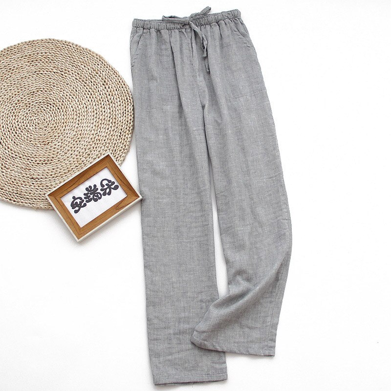 Pantalon confortable en gaze de coton pour hommes, couleur unie, taille élastique, ample, décontracté, avec poche, printemps été: grey / XL
