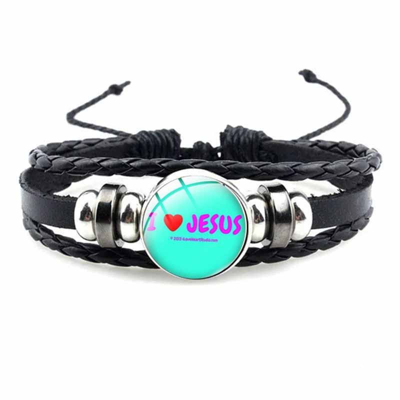 Bracelet avec symbole chrétien de poisson de jésus, bijou en verre fait à la main, Punk, en cuir tissé noir, bijoux manchette pour hommes et femmes: Estampage à chaud