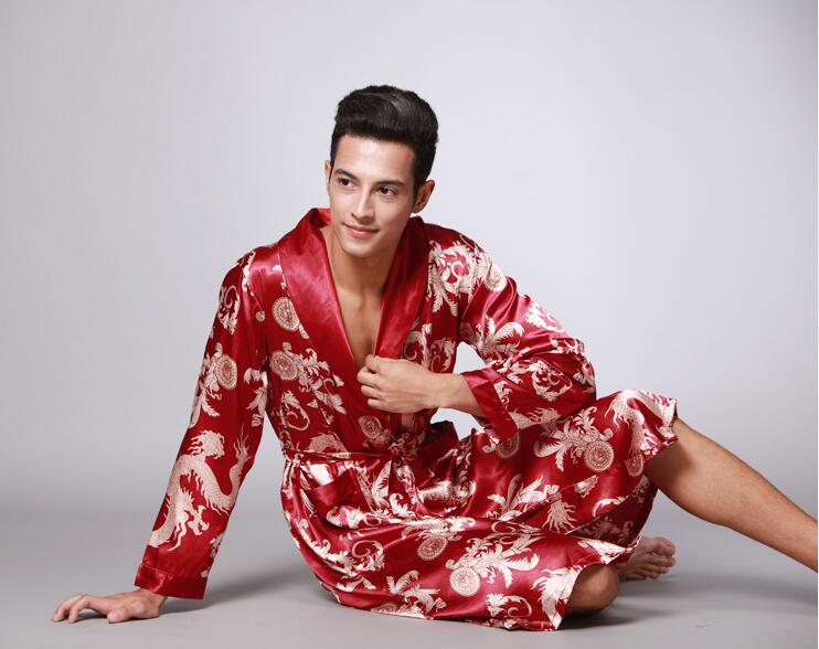 YT- 027 Spring Autumn Luxury Bathrobe Mens Print Plus Size Satin Pajamas Silk Nightgown