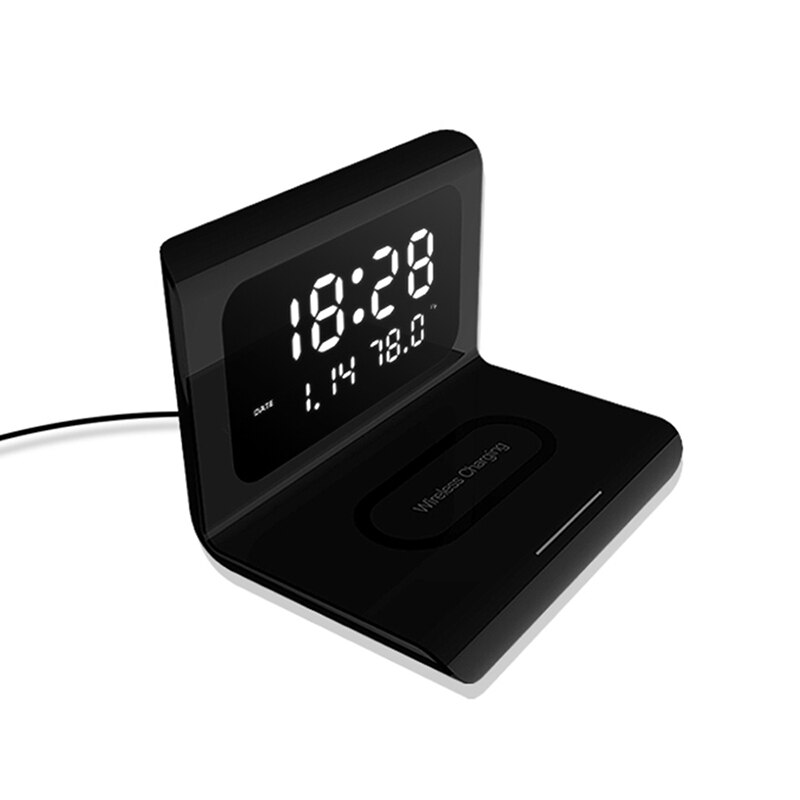 10W Qi Caricatore Senza Fili senza fili di Ricarica pad Orologio Calendario Termometro Veloce Carica Caricatore Inalambrico per Il Iphone Samsung: nero