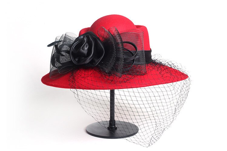 Femmes Floppy Chapeau Laine Floral Voile Filet Plume Large Bord Derby Chapeau Feutrés Occasion Formelle Dance Party Summer Beach Chapeau: gules