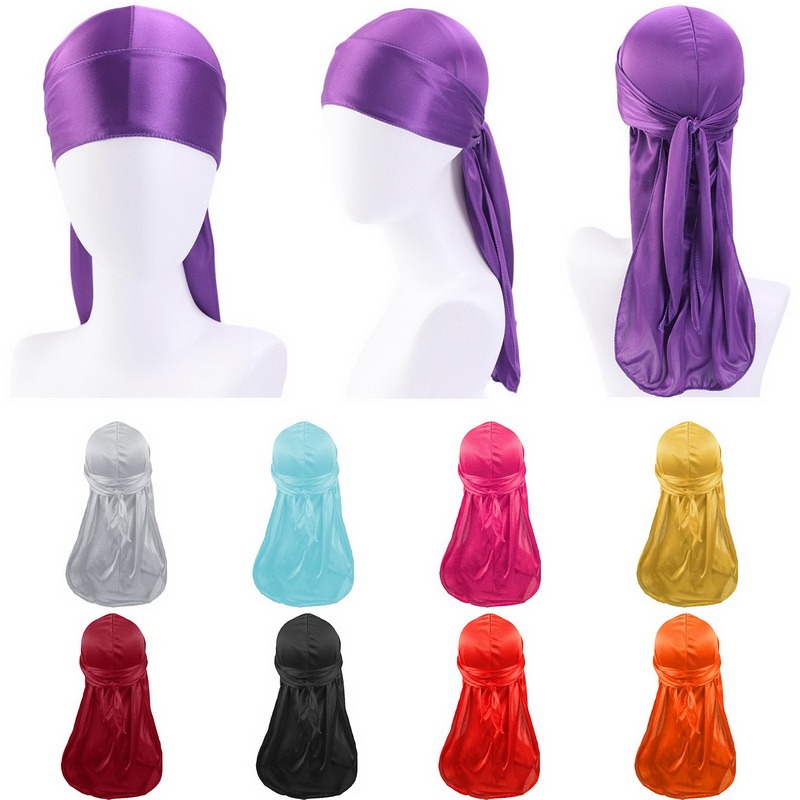 Satin Men Stretchy Cap Hip Hop Wigs Turban Bandana Headwear Toe Cap Solid Color Long Pirate Hat Tie Down Tail Hair Accessories