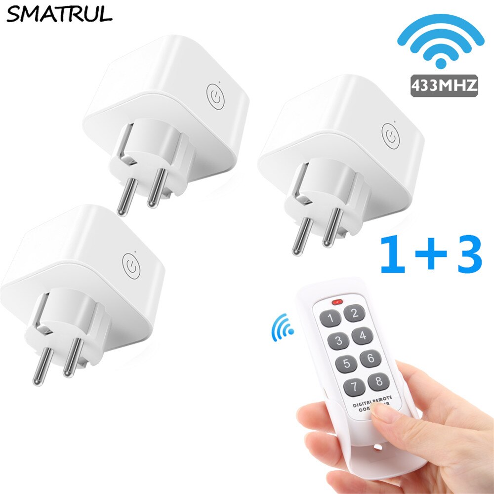 SMATRUL 8 Keys Wireless Remote Control Smart Socket EU Plug Wall 433mhz Programmable Electrical Outlet Switch 220v 230v LED: 1 remote 3 socket EU