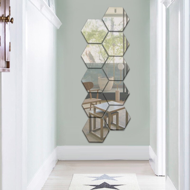 12 st diy silver reflekterande hexagon speglar espejos väggspegel klistermärke väggdekaler dekor för vardagsrum hus väggdekoration