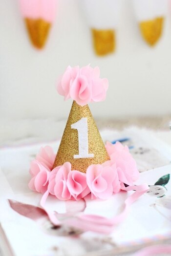 Meisje Bloem Tuin Shabby Chic Verjaardag Hoed Roze Lavendel Gouden Bloem Party Hoed Hoofdband 1st 2nd 3rd Pasgeboren Glitter party Cap: Pink 1 one piece