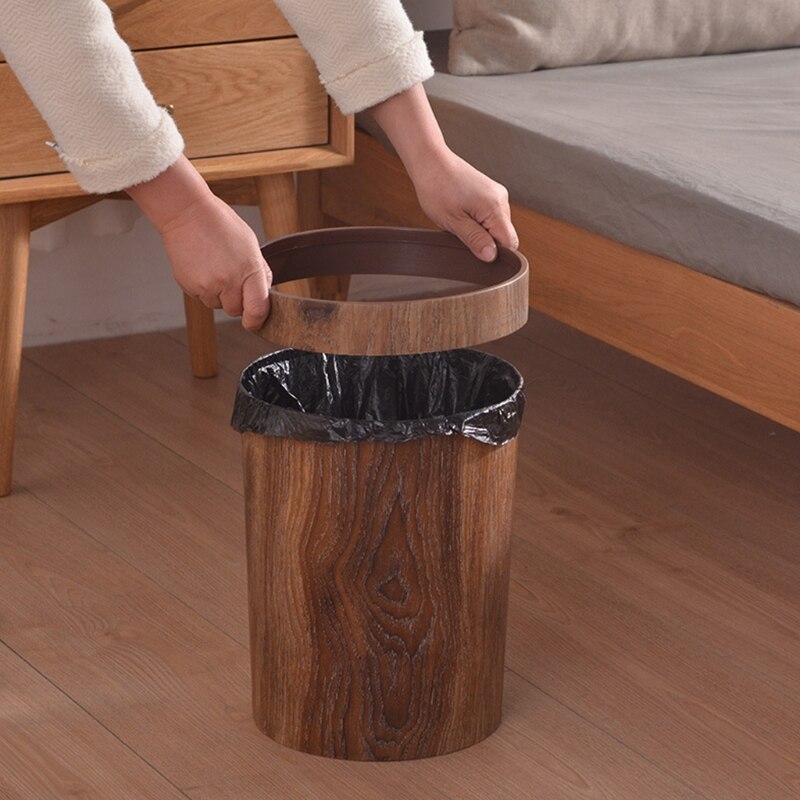 95AA Kleine Hout Kleur Prullenbak Prullenbak Rustieke Ronde Vuilnis Container Bin Voor Badkamer Slaapkamer Keuken Home Office 8L