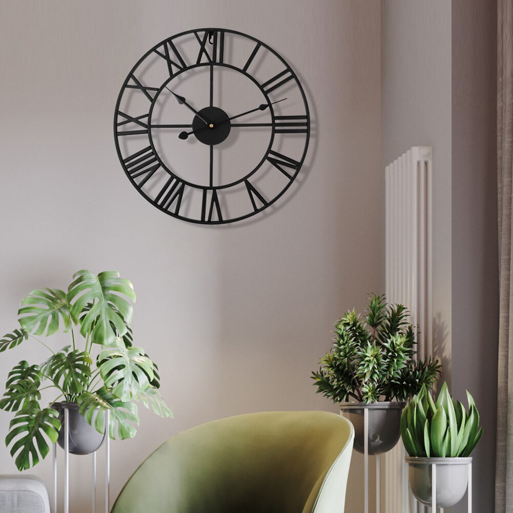 Horloge murale rétro avec chiffres romains, ornement noir en fer, 40cm, grand salon, bureau, Art, décoratif pour la maison