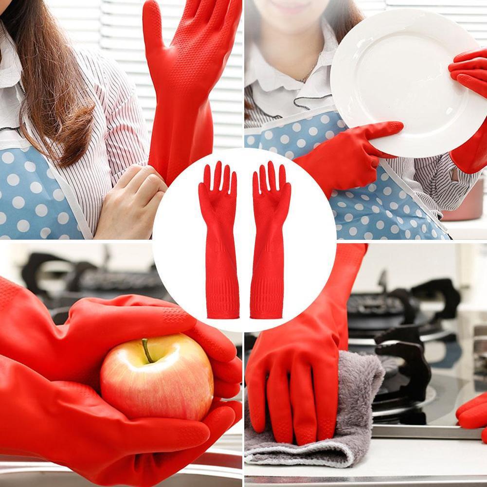 Gants en caoutchouc à manches longues pour femme, 1 paire, rouges, étanches, en Latex, pour la cuisine, le nettoyage de la vaisselle