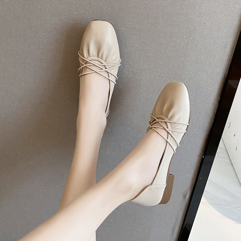 Koreaanse schoenen met vierkante neus, herfst, ondiepe mond, damesschoenen, casual sneaker, all-match, retro, oma, herfstjurk, comfortabel