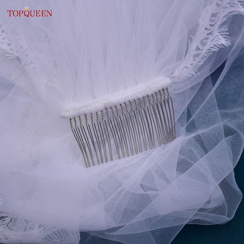 TOPQUEEN-velo de novia V154, borde de encaje suave, velos de novia lisos, una sola capa, , Rochii, romántico, encaje de pestañas, longitud del codo