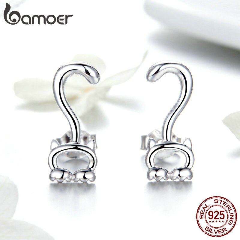 BAMOER Authentische 925 Sterling Silber SchöNe Katze Kätzchen Langen Schwanz Muschi Mädchen Zucht Ohrringe Modeschmuck SCE564