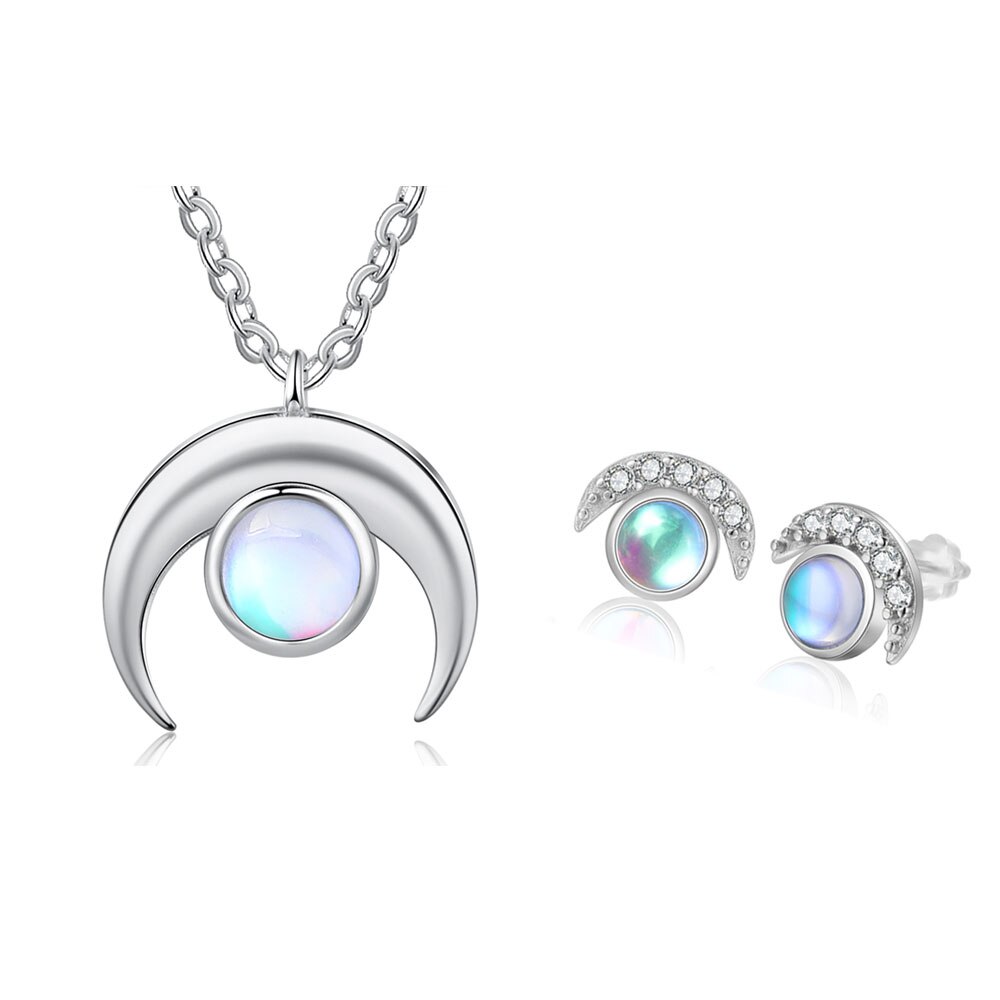 Moonstone bijoux ensembles 925 en argent Sterling pendentif collier anneau boucles d'oreilles avec Zircon mariage fête bijoux ensembles (Lam Hub Fong): N-E