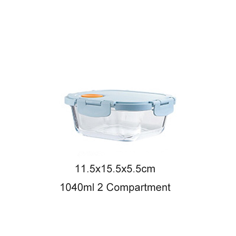 Glass Blue Lunch Box with Compartment Leakproof Food Container Microwave Bento Box Kitchen Meal Prep Storage Container: 1040ml Rectangle2