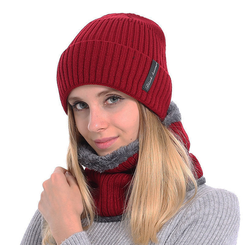 Frauen Mützen Hüte Schal einstellen Winter Hüte Für Männer Frauen Warme Wolle Rippen Gestrickte Kappe Und Schals Anzug Männlich Schwarz motorhaube Skullies