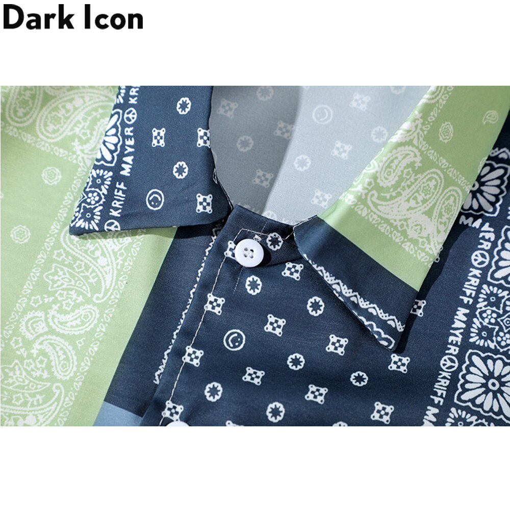 Dark Icon Green Blue Bandana Patchwork Hawaiian Shirt Men Turn-down Collar Men's Shirts