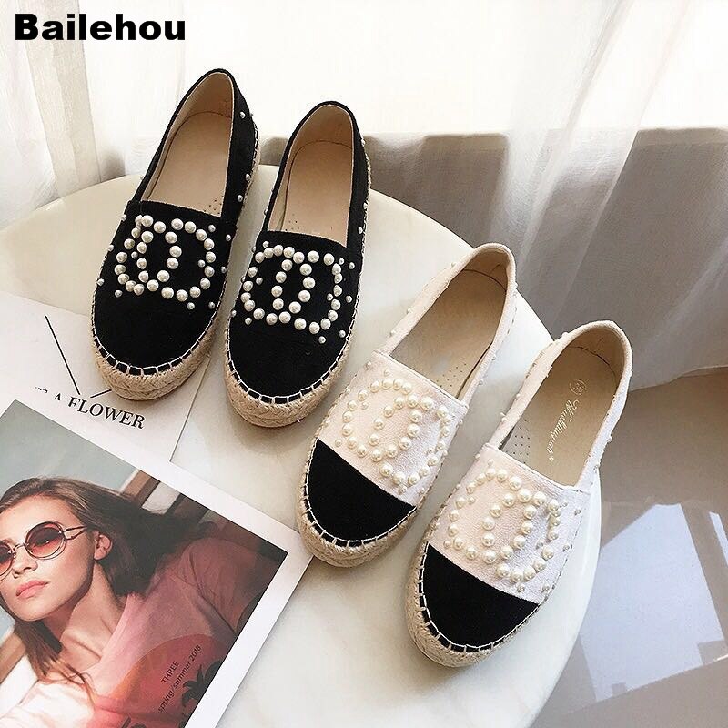 Dames platte schoenen parel loafers riet hennep stro visser platte hak schoenen ronde neus instappers casual schoenen schoenen