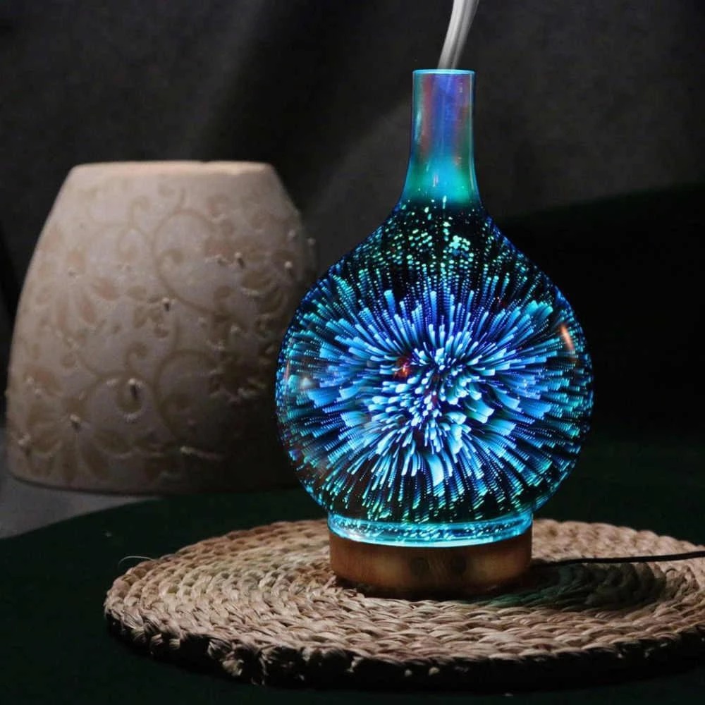 Electric Humidifier Stardust Oil Diffuser Glass Colorful Vase Humidifier Home 3D Mini Aromatherapy Machine Night Light