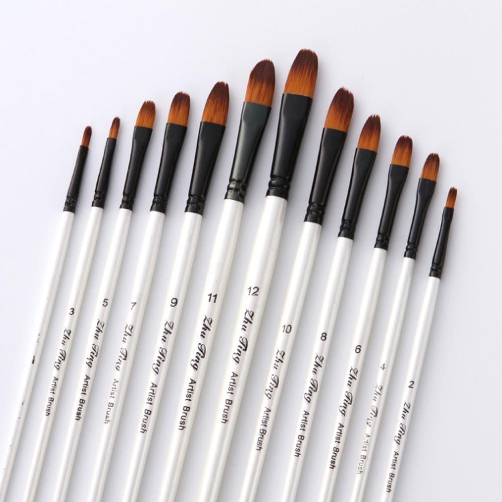 12pcs Nylon Hair Wooden Handle Paint Brush Pen Set For Learning Diy Oil Acrylic Painting Art Paint Brushes Supplies