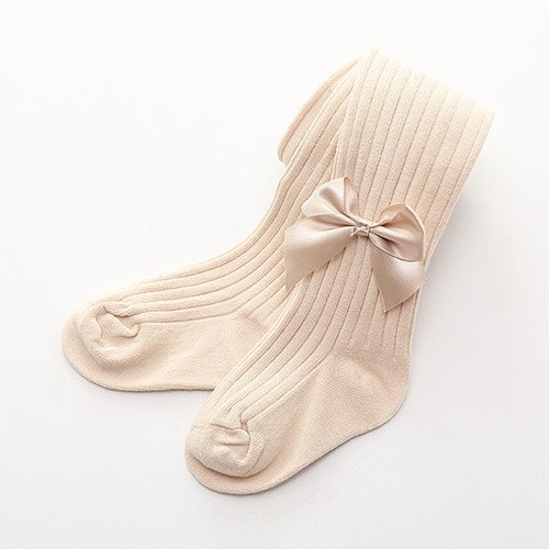 Söta strumpbyxor för tjejer vår sommar godis färg barn strumpbyxor ribbade strumpor bomull stickade flickstrumpbyxor barn: 01 st beige-rosett / L (7-9 år gammal)
