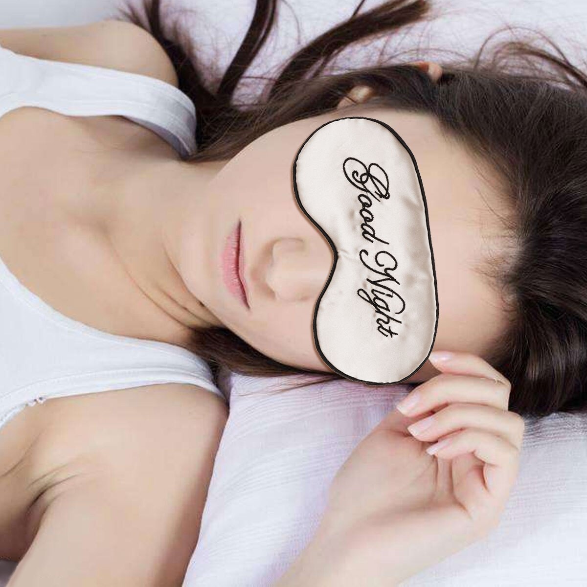 Silk Sleep Eye Mask Embroidery Eyeshade Large Blindfold Night Blinder for Men Women and Kids: Beige