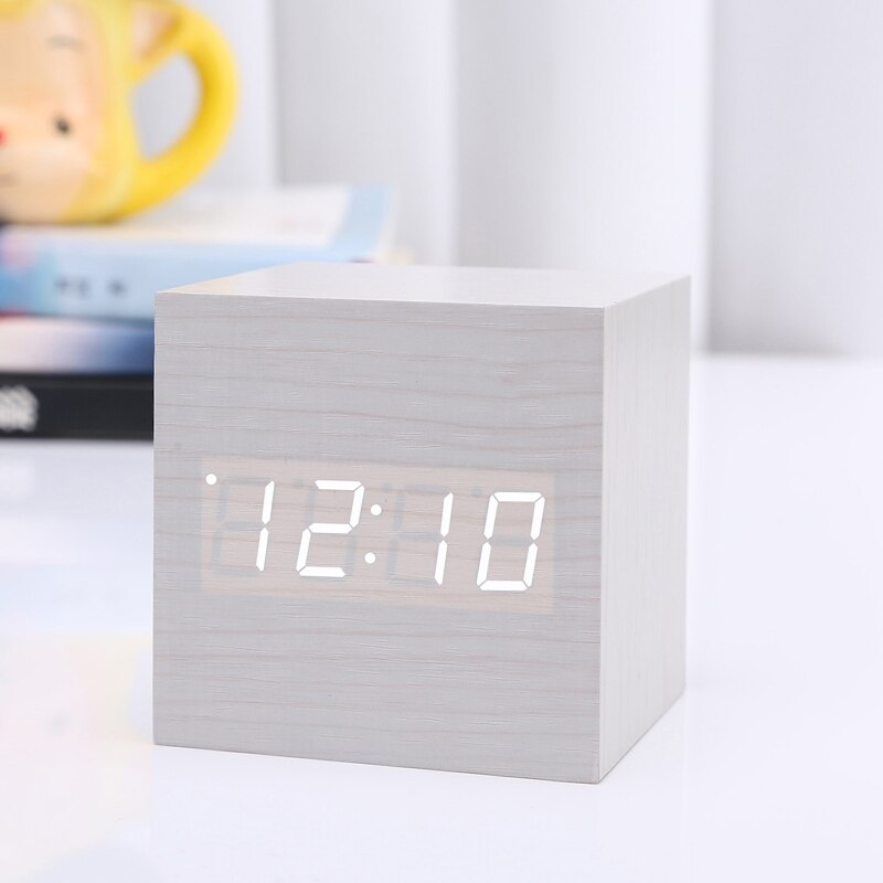 1Pc Digitale Led Houten Vierkante Bureau Wekker Voice Control Wekker Timer Woondecoratie: 03