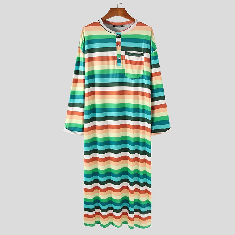 INCERUN Men Robes Striped Colorful Leisure O Neck Long Sleeve Bathrobes Loose Nightgown Comfortable Soft Men Dressing Gown S-5XL: Green / XXL