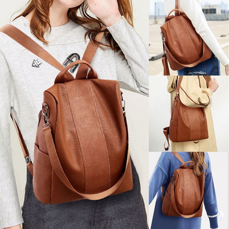Femme Anti-vol sac à dos classique en cuir PU couleur unie sacs à dos femmes voyage épaule bandoulière noir marron sac à dos