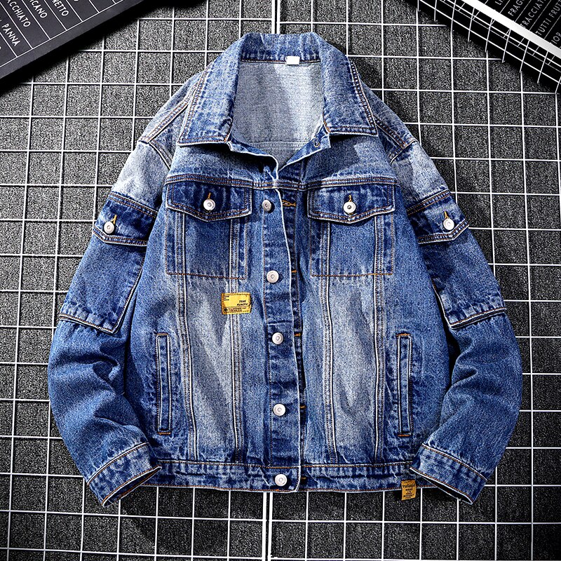 multi-pocket tooling denim jacket men's loose casual washed Cargo jeans jacket Cowboy Outwear Coat