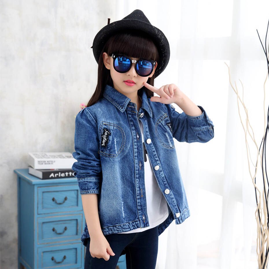 Teenage Girls Long Denim Jacket Sequin Girls Coats Outerwear Letter Children's Jacket Casual Style Clothes Girl