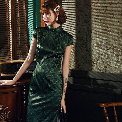 S-4XL Plus Size Chinese Robe Oriental Novelty Pattern Chinees Female Long Cheongsam Evening Dress Green Qi Pao: XXXL