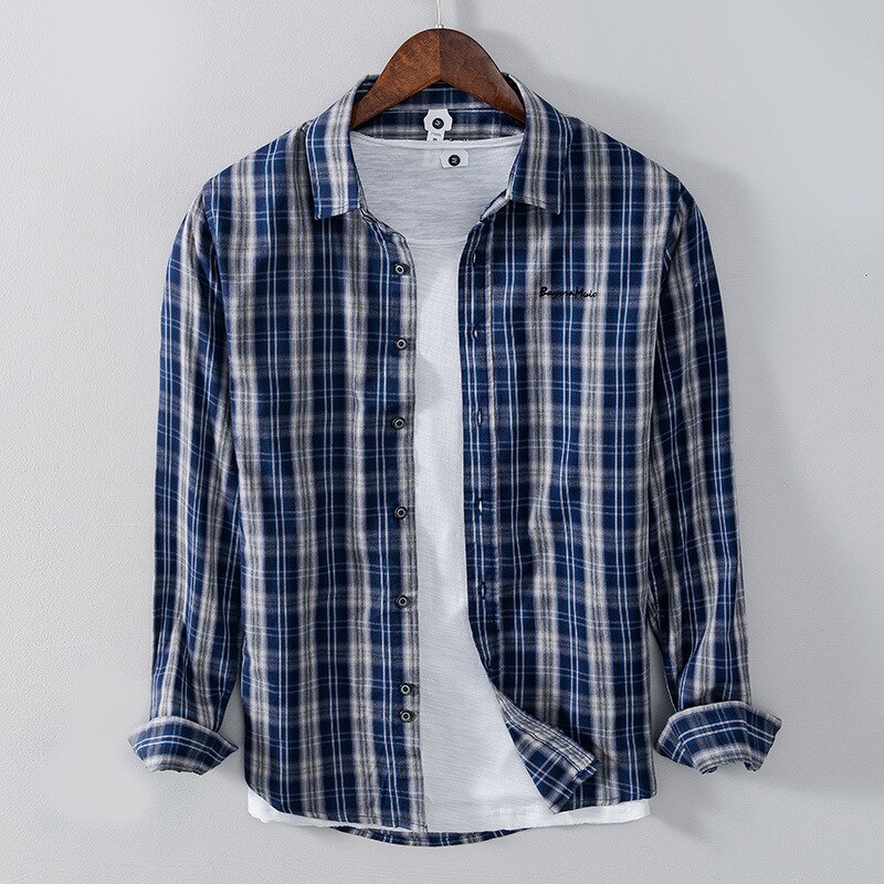 Camisa a cuadros azules de manga larga para hombre, ropa de trabajo informal a rayas, estilo Hong Kong, azul, rojo, GC-1236, novedad de verano y primavera de: Blue / M