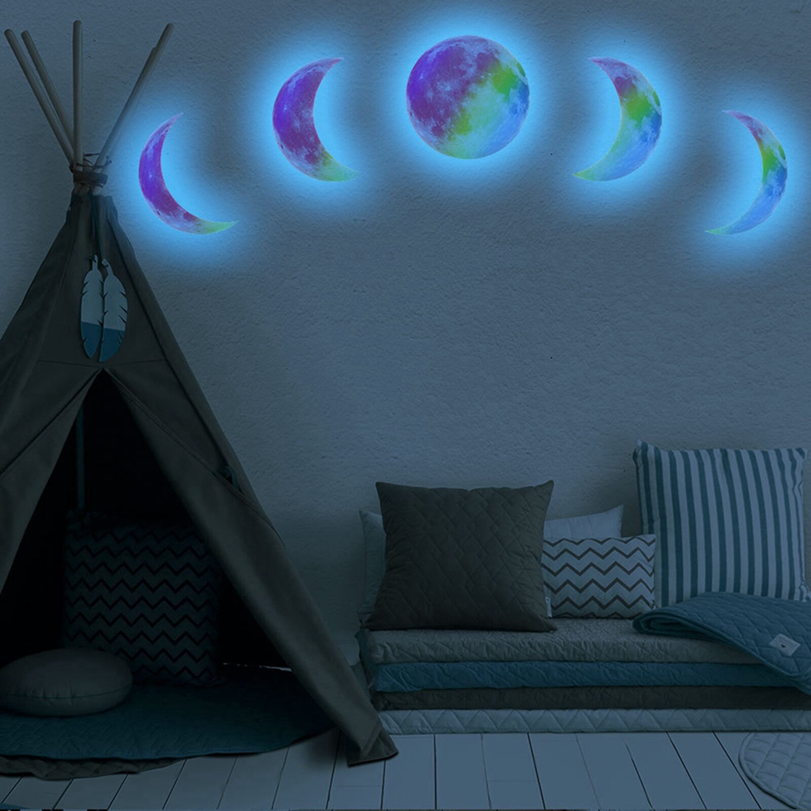 Glød i mørket klistermærker smukke månefase selvlysende aftagelige klæbende vægoverføringsbilleder til loft soveværelse stue mærkat: Blå