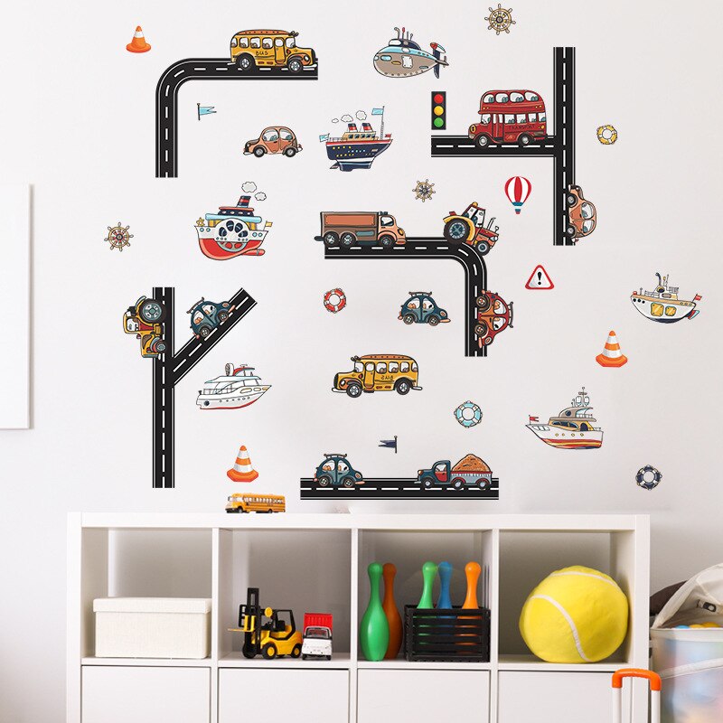 Cartoon Road Car Bus Ship Traffic Removable Wall Stickers PVC Decals Mural Home Decor Art for Kids Nursery Baby Boy Room Posters