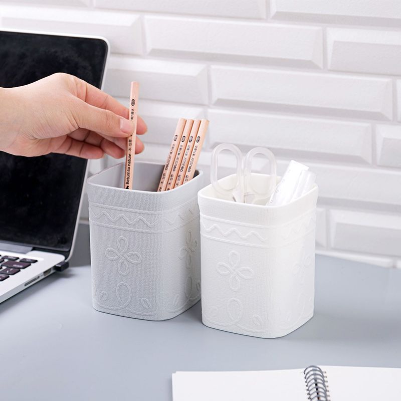 White Carved Square Pen Holder Korean Style Multi-function Desktop Storage Box Plastic Pencil Holder Stand Office Stationery 1PC