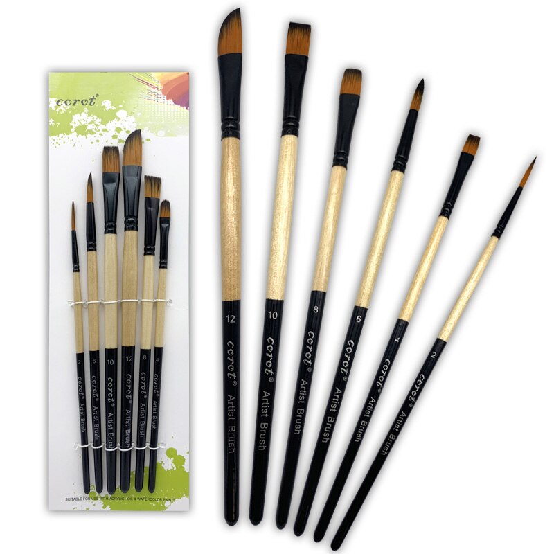 COROT-Juego de pinceles de nailon para pintar, Set de pinceles para pintar con pelo de nailon, diferentes cabezales, varilla corta, pincel acrílico al óleo, suministros de arte para acuarela, 6 uds.