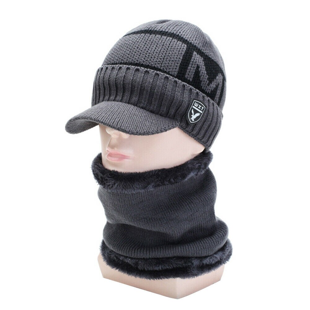 Brand Men Warm Winter Hat Knit Visor Beanie Fleece Lined Billed Beanie with Brim Cap: Gray