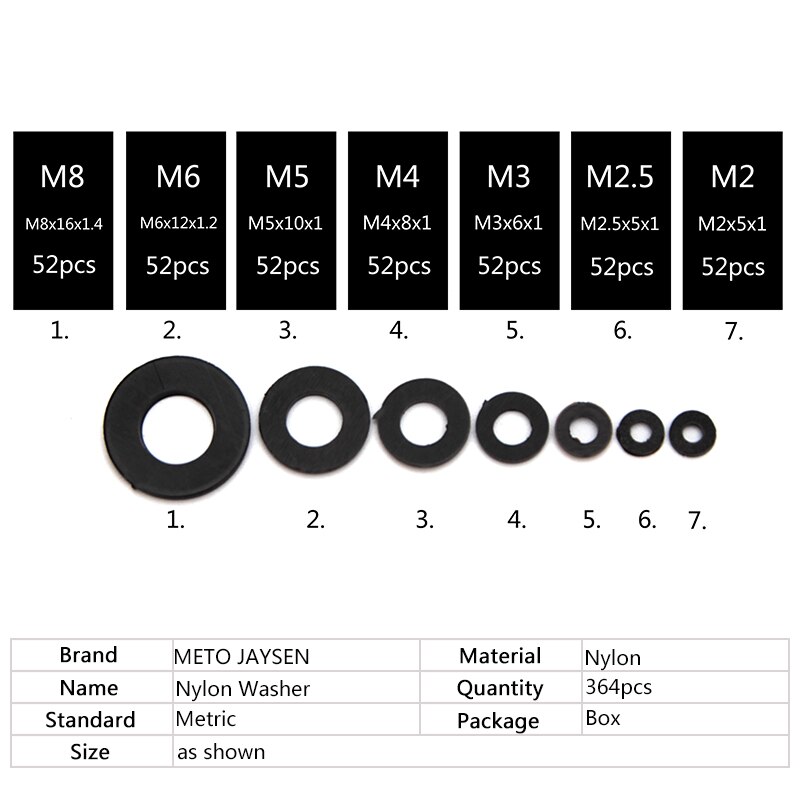 364 Uds negro arandela de Nylon junta plana de sellado de plástico O anillos Kit de surtido de M2 M2.5 M3 M4 M5 M6 M8 conexión protección lavadora