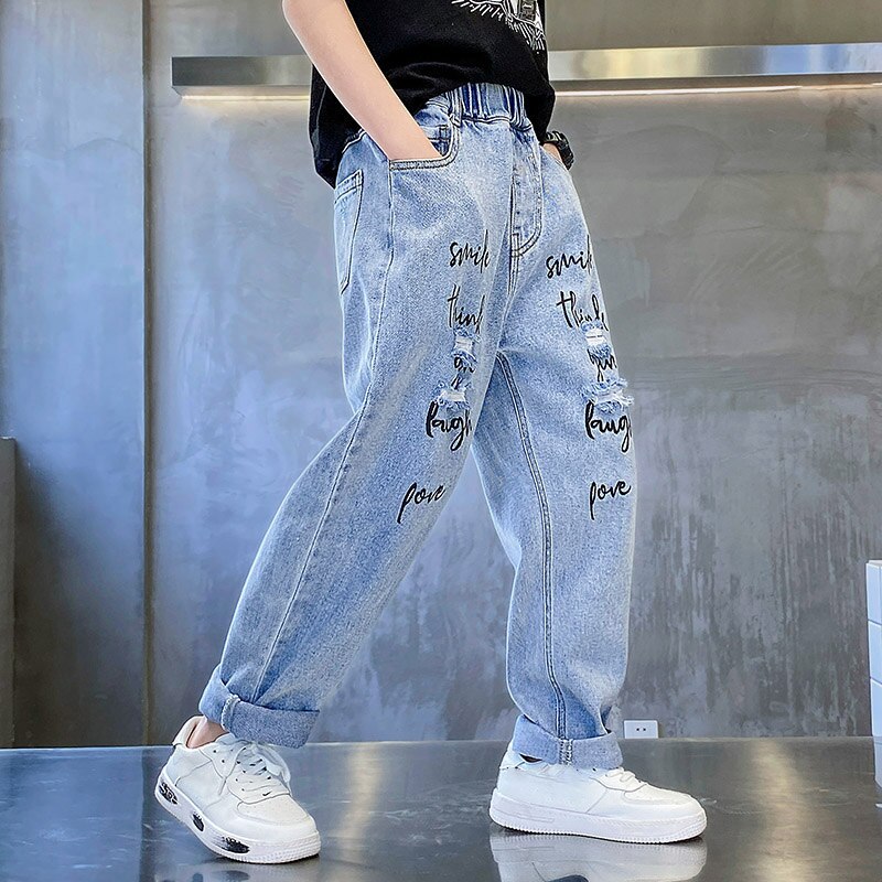 Pantalones vaqueros azules para niños, ropa de calle con letras rasgadas y agujeros, largos, lavados, para verano, 8, 10, 12 y 14 años