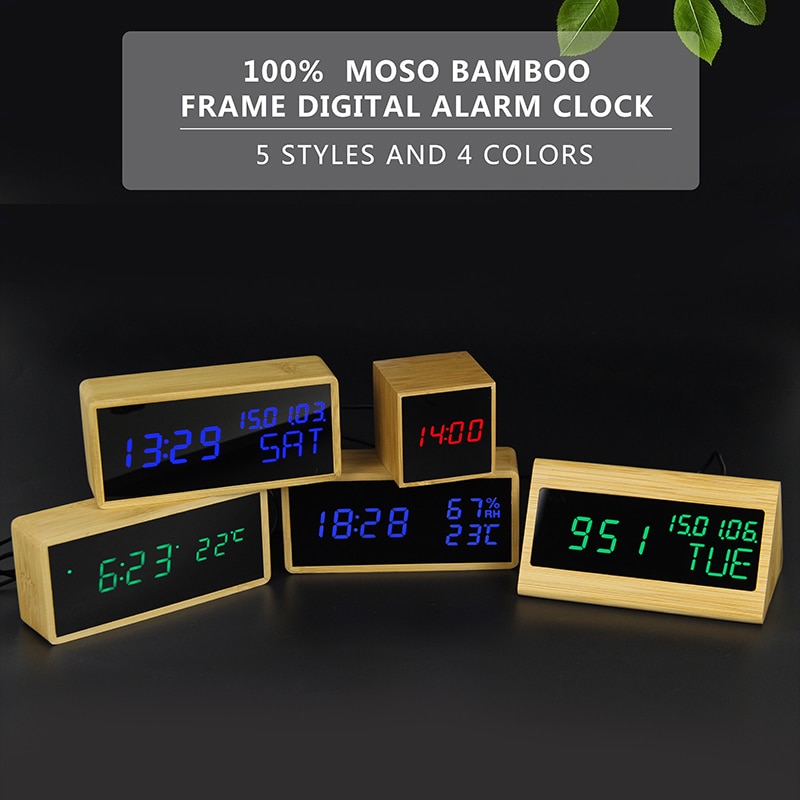 100% Bamboo Digital Alarm Clock Wooden LED Table Clock Electronic Despertador Desk Brightness Voice Snooze Control Temperature