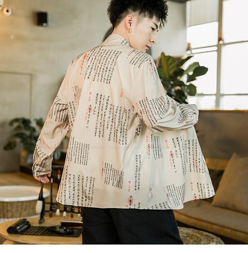 Tops con palabras de poetría china de estilo tradicional para hombres, cárdigan informal suelto con estampado Hanfu, camisas de Oriental, ropa de calle