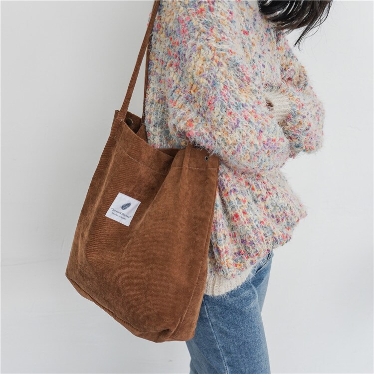 PUBGS, bolso de mujer, bolso de hombro informal, bolso de mano de loneta, alta capacidad, plegable, reutilizable, bolso de compras de pana para niña: Brown