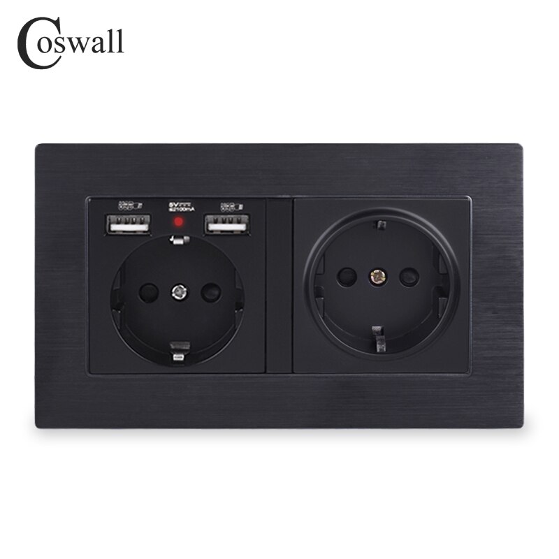 COSWALL, 2 grupos, Rusia, España, enchufe de pared estándar de la UE con 2 puertos de carga USB, indicador LED suave oculto, marco de Metal de aluminio: Default Title