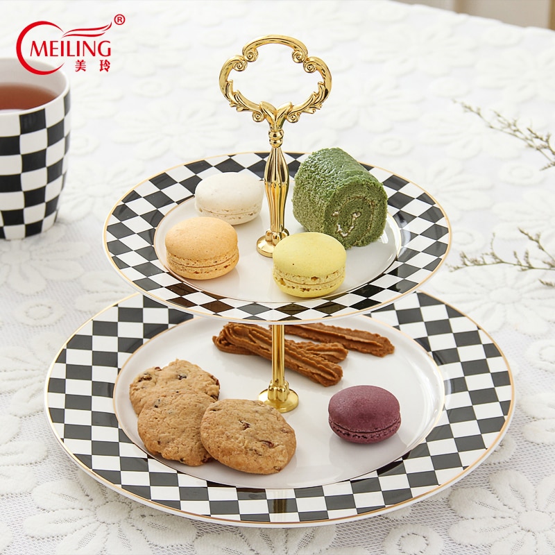 2 tier Cake Plate Stand Black and White Check Porcelain Snack Plate Fruit Holder Classic Ceramic Kitchen Dish For Party Wedding