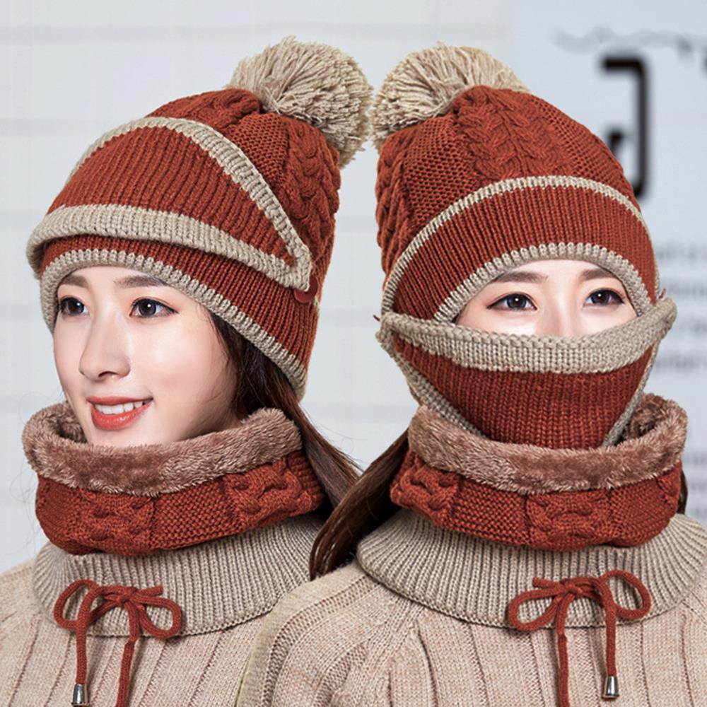 Gebreide wollen muts gebreide muts dames sportkleding plus fluweel 3 stuks/set masker sjaal set winddicht paardrijden warme buitenactiviteiten: Khaki