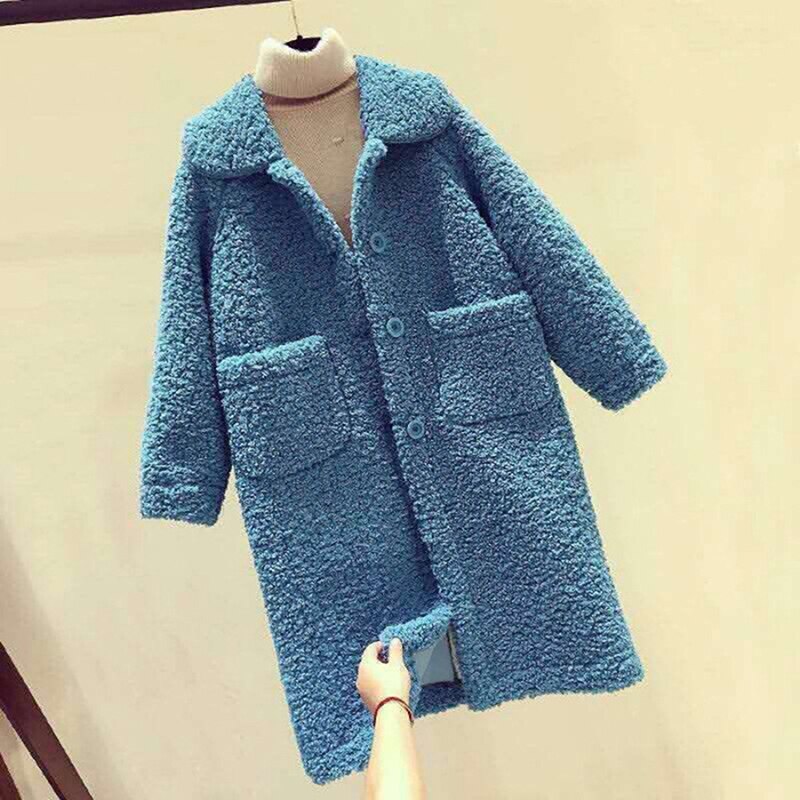 Faux Lamb Wool Warm Winter Coat Women Long Jackets Solid Turn-down Collar Single Breasted Pockets Korean Loose: blue / L