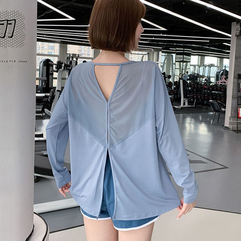 Atmungsaktives yoga-shirt für damen, langärmelig, schöner rückenausschnitt, fitness-lauf-sporttop, herbst/winter, schnelltrocknendes t-shirt