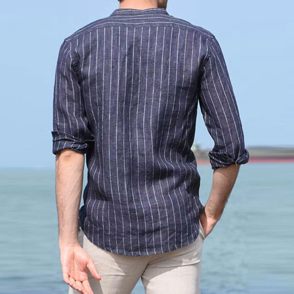 Men's Baggy Cotton Linen Striped Long Sleeve Button Retro Chemise Homme Manche Court Tops Blouse