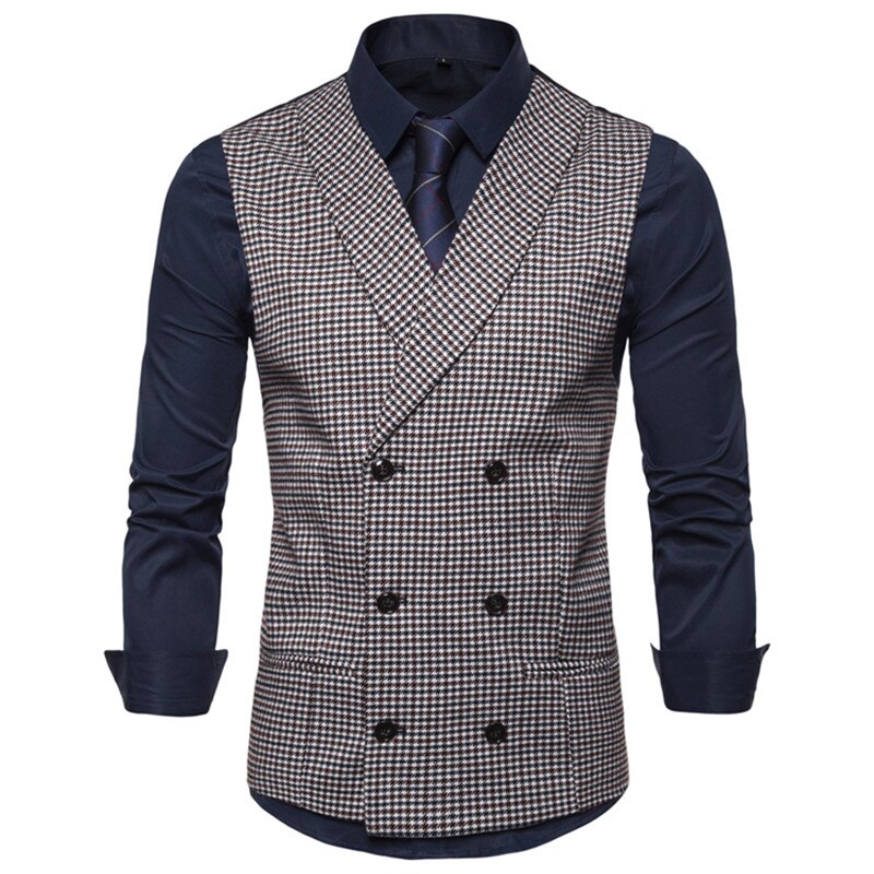 Men Casual Sleeveless Jacket Coat Mens Formal Waistcoats Dress Suit Vest Slim Woolen Plaid Vest British Autumn Suit Vest EUR