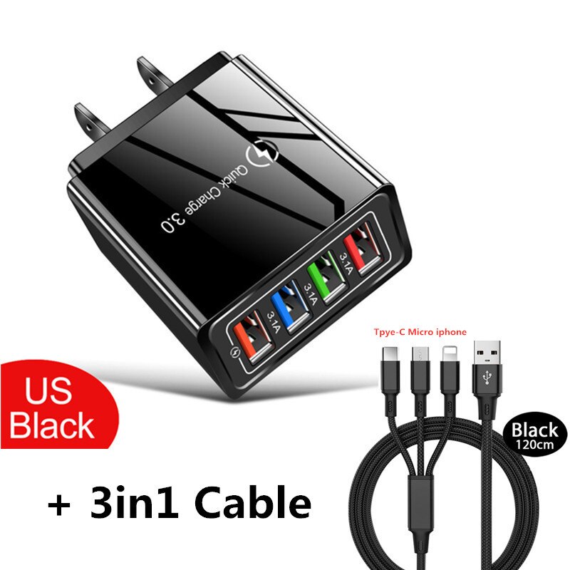 5V/3A Del Telefono 4 Porte Caricatore EU/US Carica Rapida 3.0 Caricatore USB Carica Veloce Veloce Veloce per il iphone 7 8 di Apple Samsung Xiaomi Huawei: US 3in1 Cable Black