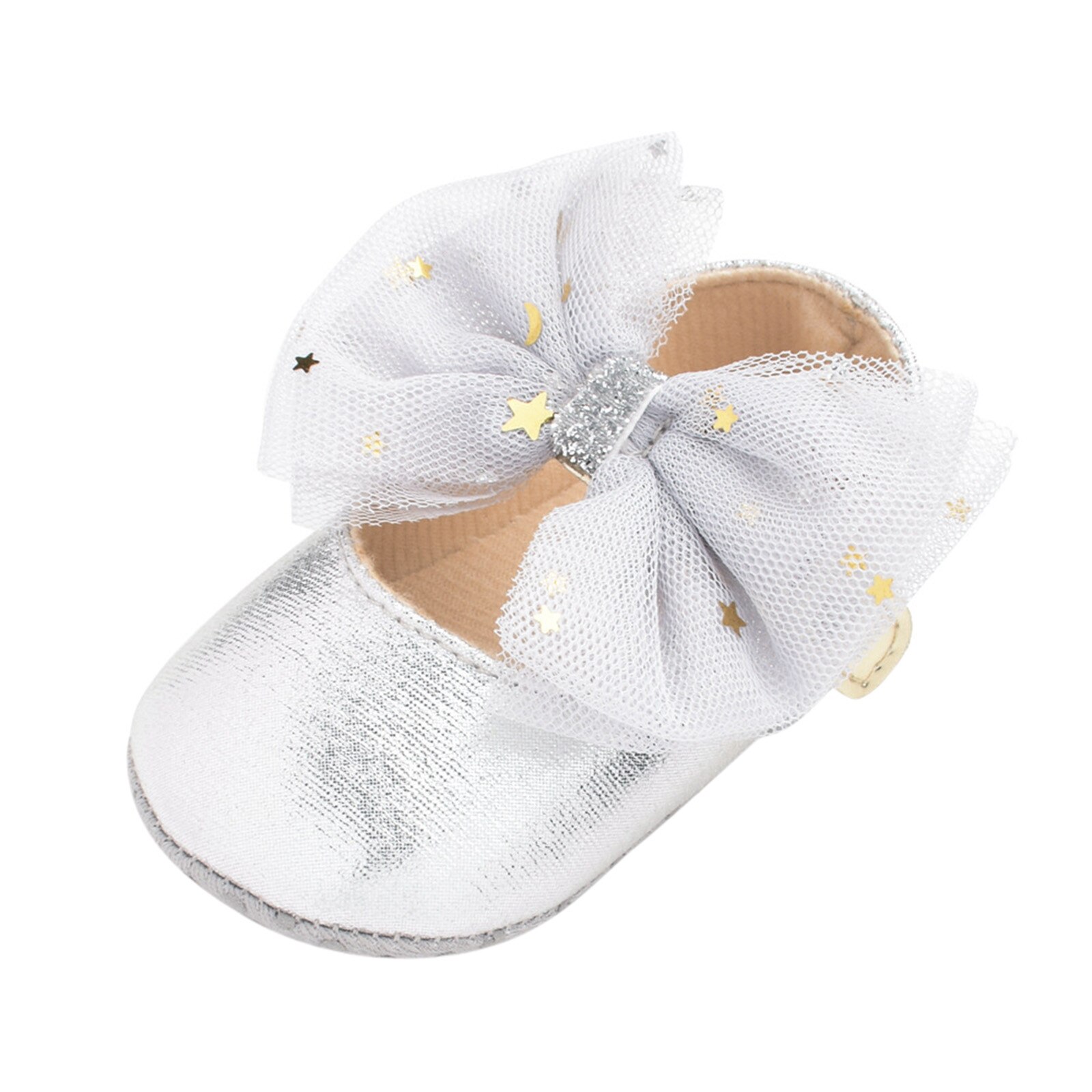 Baby Girls shoes sneakers Mary Janes Flat Bowknot Rubber Sole First Walker Princess Dress Shoes baby shoes: Silver / 13